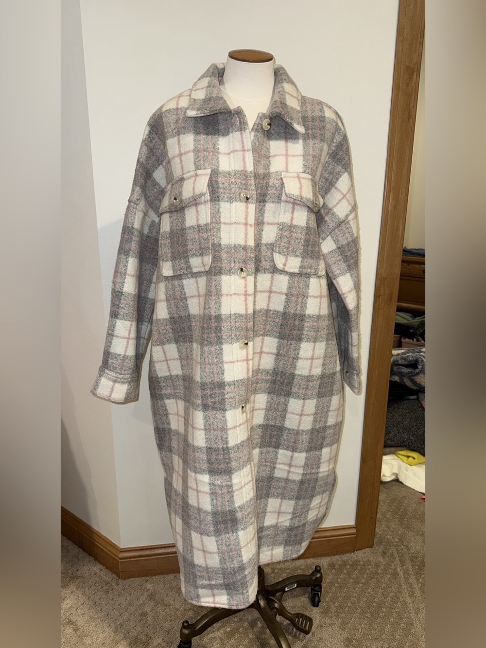 NWT If By Sea Anthropologie Plaid Wool Coat in Pink & Gray Size Medium